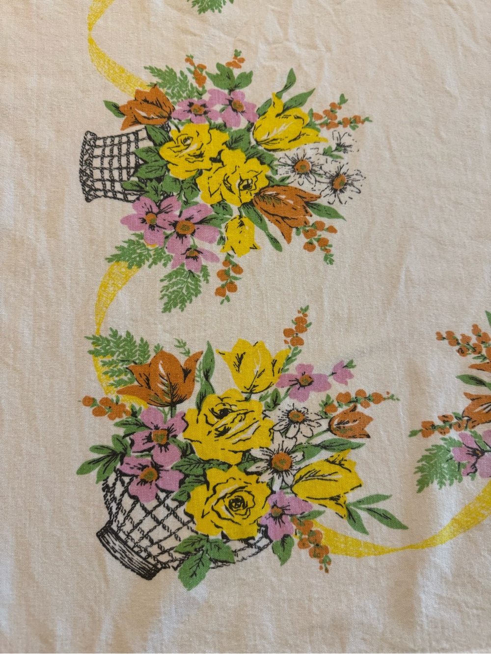 Vintage Cotton Floral Basket Kitchen Tablecloth